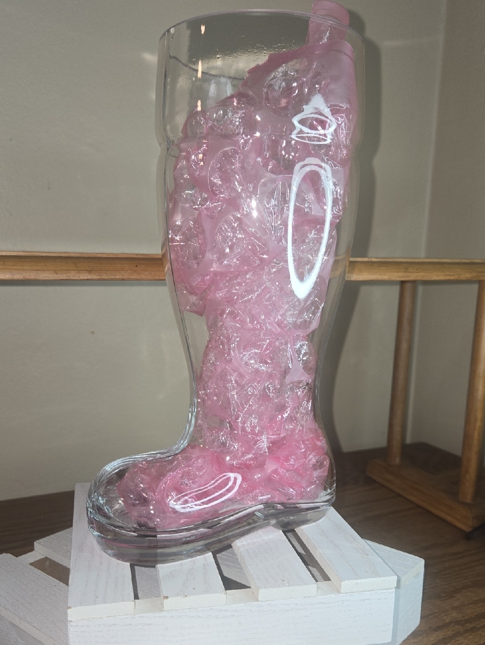 Clear Glass Boot Vase with Pink Decorative Fill - Unbranded